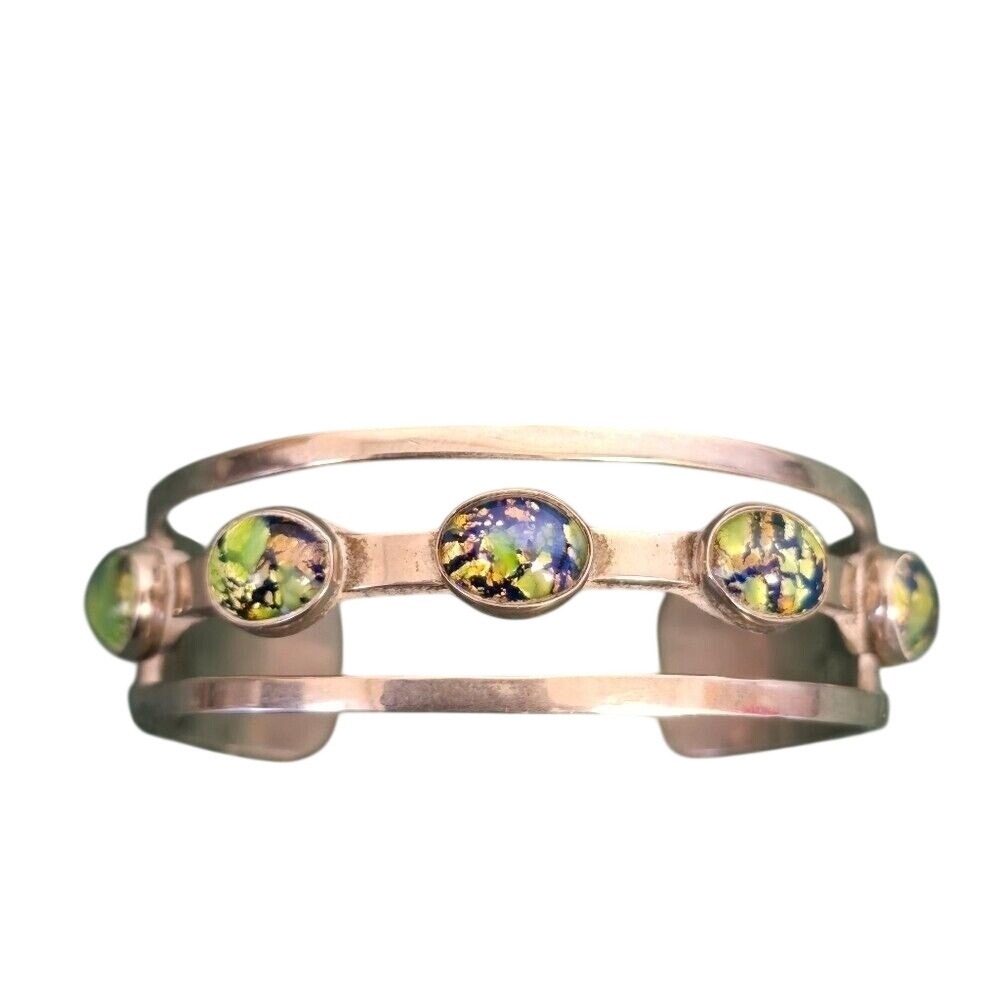 Vintage Stamped Mexico Green Opal Glass Silver Open Cuff Bracelet Statement